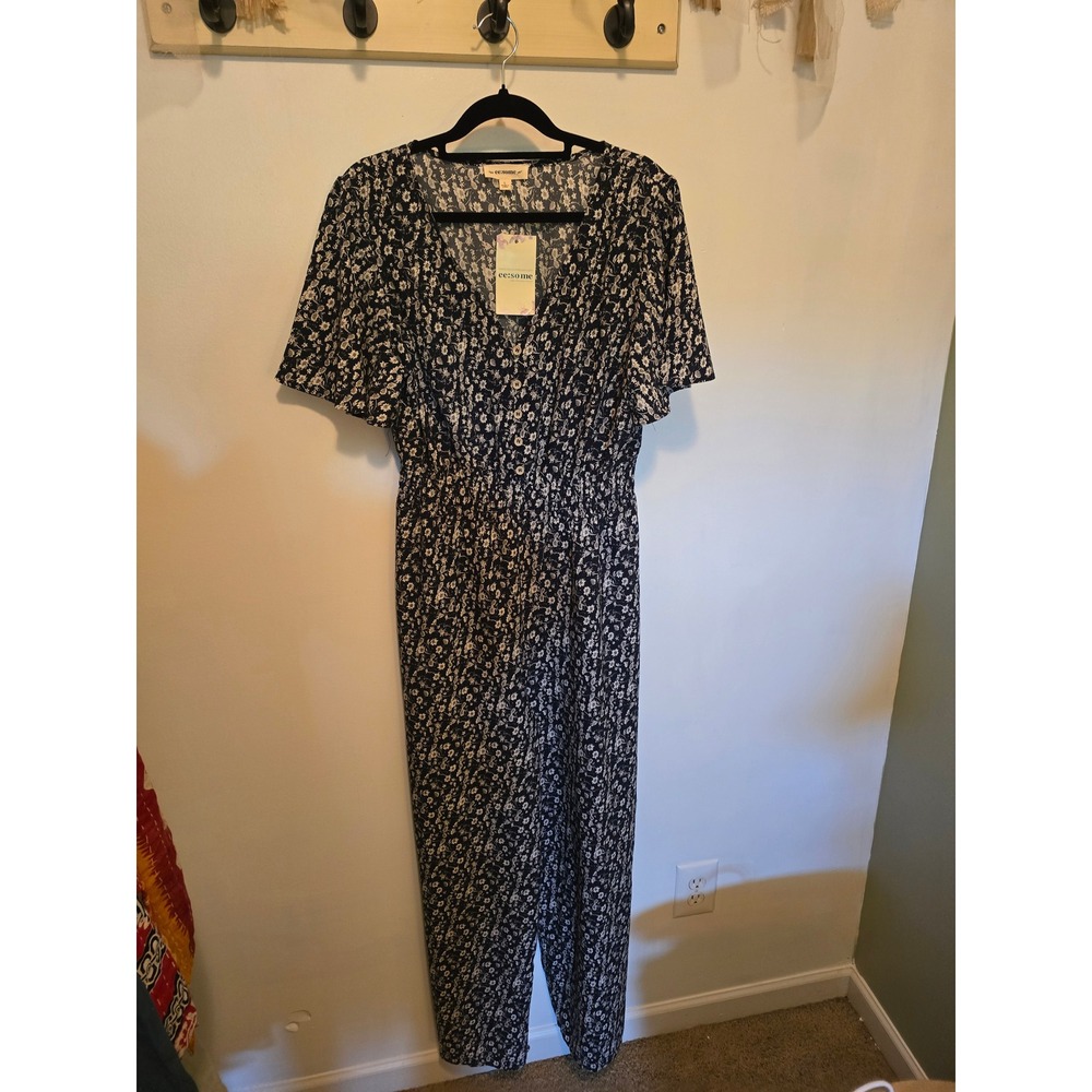 Ee:so me Floral Jumpsuit Womens XL Navy/Blue/White Daisy Button top Wide Leg NWT